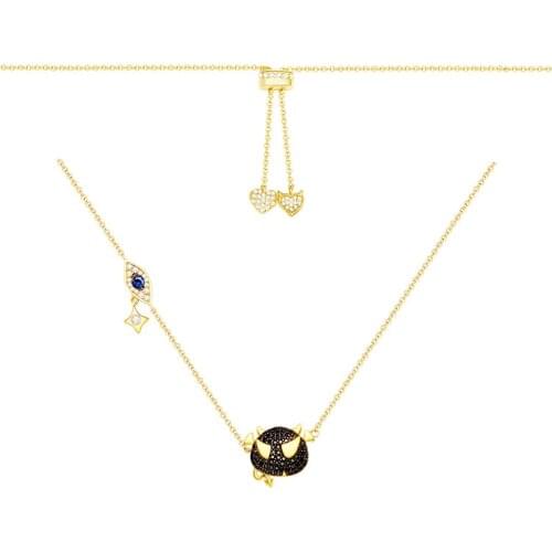 SLJELY Real 925 Sterling Silver Yellow Gold Color Black Zirconia Devil and Eye Pendant Adjustable Necklace Women Fashion Jewelry