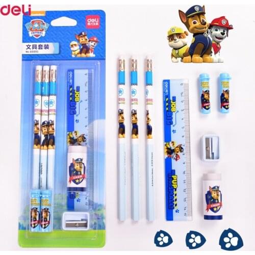 10 Sets Deli Kawaii Paw Patrol Stationery Sets 8pcs/set Student Gifts School Supplies Cute Eraser Pencil Cap Ruler Sharpener Set