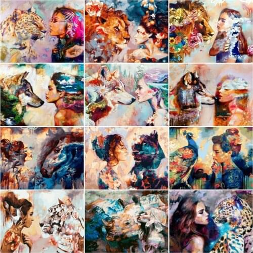 AZQSD Diamond Embroidery Beauty Wolf Picture Of Rhinestones Needlework Full Round Dril Diamond Painting Lion Home Decoration