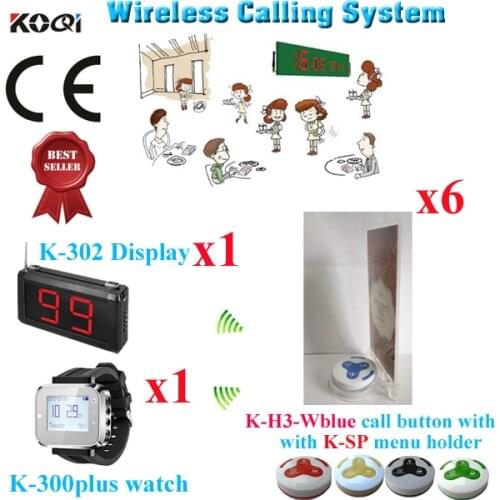 Wireless Waiter Calling System With Call Button Wireless Pager Menu Watch Receiver(1 display+1 watch+6 button+6 menu holder)