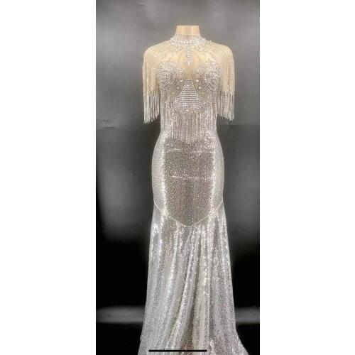 Sparkly Rhinestone Fringes Crystal Sequin Long Dress Women Celebrate Birthday Dress Prom Party Gown Dress Singer Sexy Stage Wear