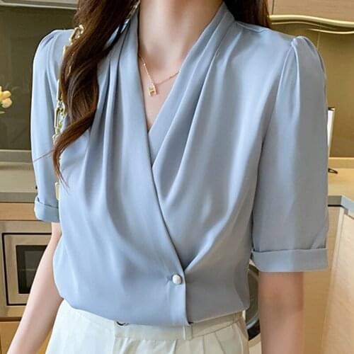 Blusas Mujer Blouses Short Sleeve Blouse Women Blusas Mujer De Moda 2021 V-Neck Chiffon Blouse Shirt Tops Women Top Femme E915