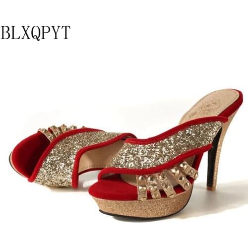 BLXQPYT Plus Big size 32-46 women Summer Slippers Style Sandals Fashion Sexy peep toe High Heels Party Wedding Shoes Woman F13