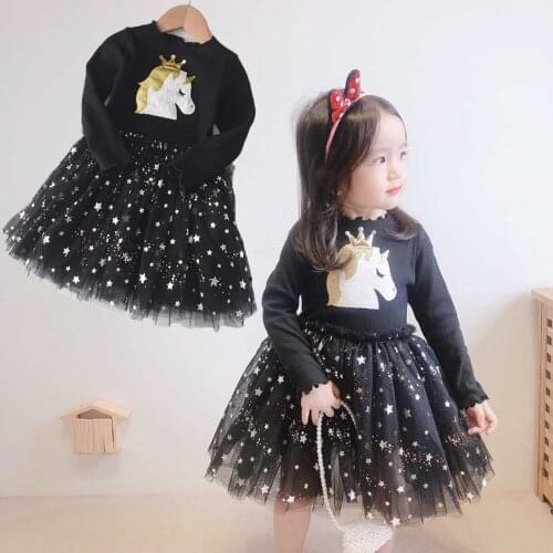 Girls Party Casual Crown Bling Star Long Sleeve Baby Clothes Infant Children Christmas Princess Costume Wearing Autumn Dress