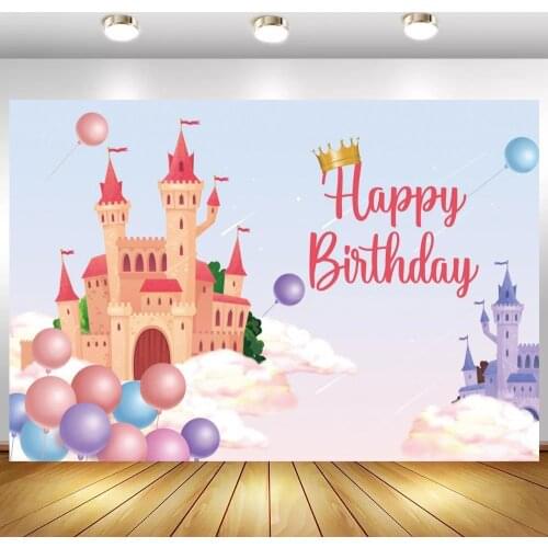 Fairy Tale Princess Castles Girl Birthday Backdrops For Photography Cartoon Balloons Clouds Sky Newborn Baby Shower Backgrounds