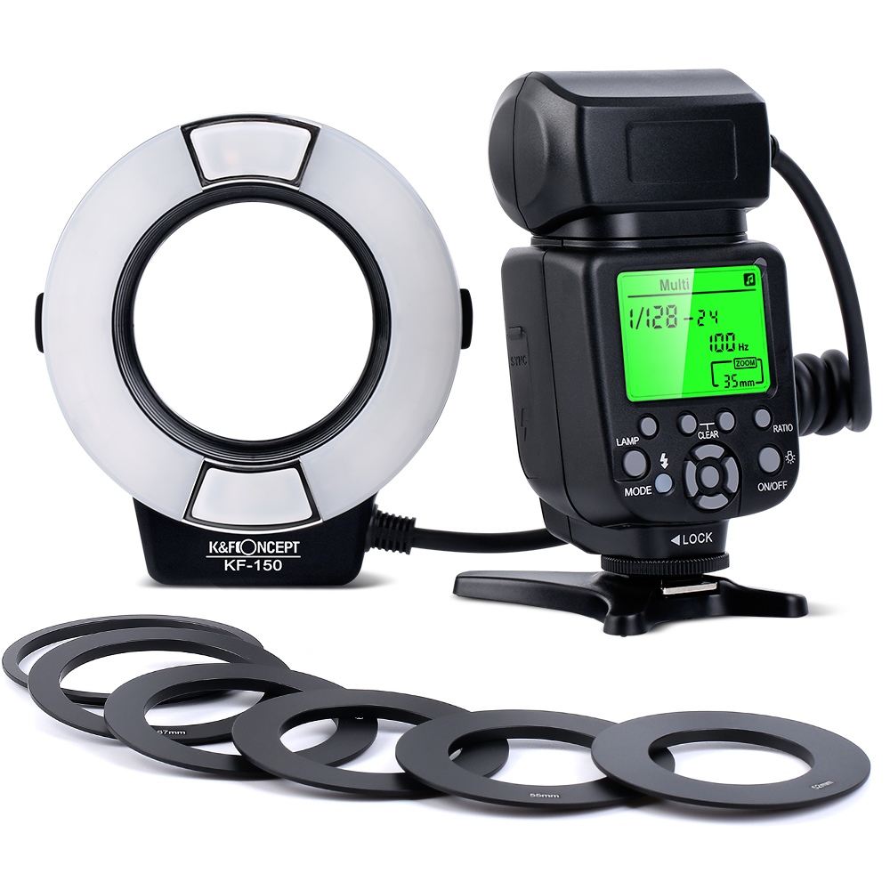K&F CONCEPT KF-150 Ring Light TTL Auto Manual Flash GN14 LCD Display for Canon Nikon DSLR Camera+ 6pcs Adapter Ring+ Mini Stand