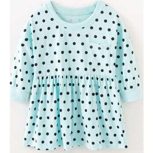 Little Maven Spring Autumn New Baby Full-Sleeved Light Blue Dot Printed Pocket O-neck Knitted Cotton Girls Casual 2-7yrs Dresses