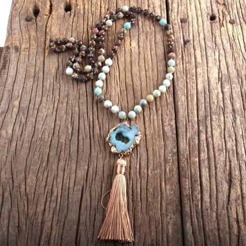 MD Fashion Bohemian Jewelry Stones Knotted Druzy Stone Links Tassel Necklaces For Boho Jewelryes Women Gift Lariat Necklace