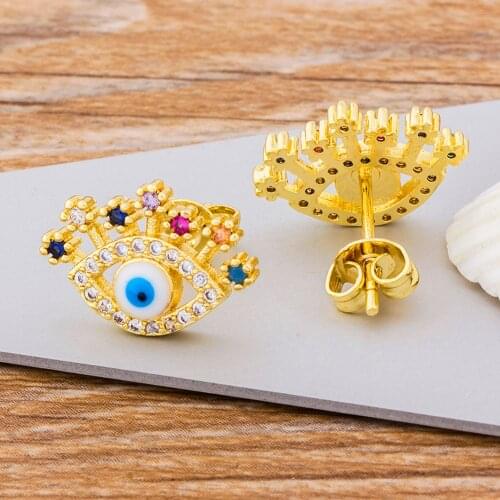Fashion Evil Eye Shape Copper Rainbow CZ Stud Earrings Crystal Gold Color Earrings Women Jewelry For Wedding Party Engagement