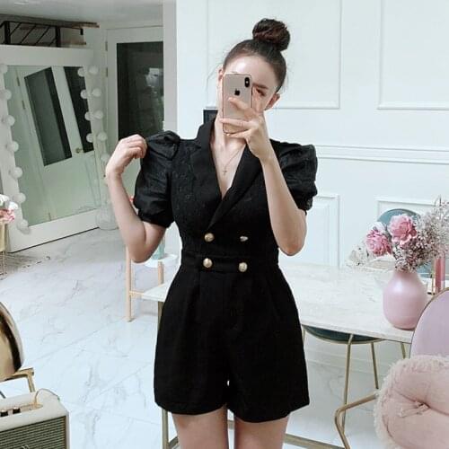 New arrival fashion summer jumpsuits women elegant lace vintage puff sleeve office lady temperament slim black short jumpsuits