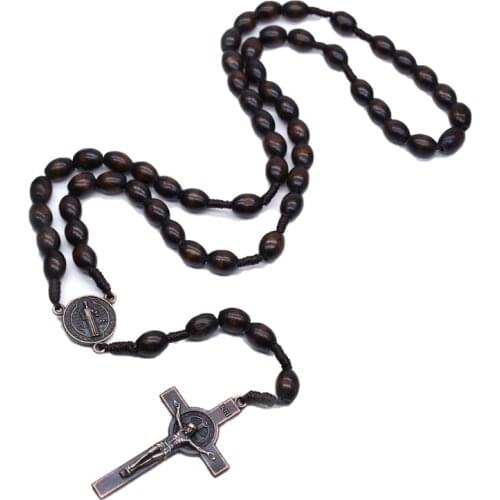 Necklace Catholic Pectoral Cross Dark Brown Beads Wooden Jesus Virgin Mary Cross Christ Prayer Beads Religious Jewelry