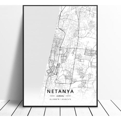 Netanya Jerusalem Tel Aviv Haifa Tiberias Iseael Canvas Art Map Poster