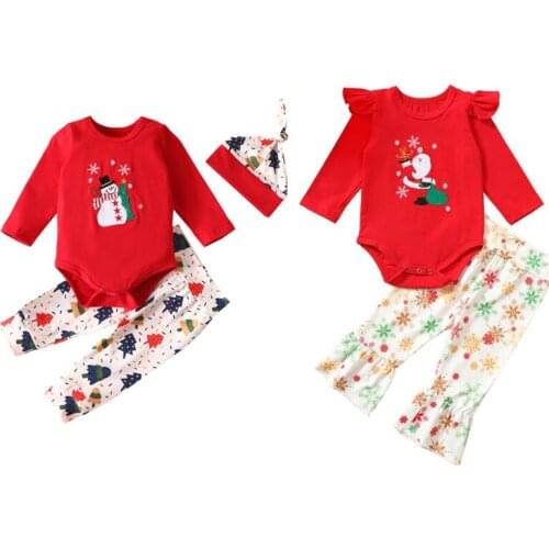Baby Boys Girl Christmas-Themed Long Sleeve Set Xmas Baby Boy Girl Round Neck Top Christmas Tree Printed Long Pants + Hat 3Pcs
