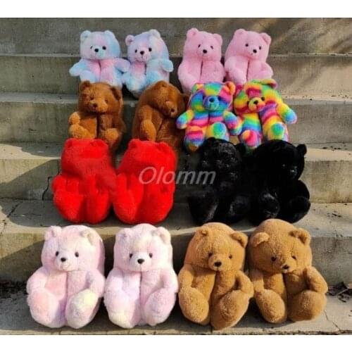 Women Home Indoor Soft anti-slip Faux Fur Cute Slippers Winter Warm Shoes Cartoon Plush Teddy Bear Slippers EUR 35-41