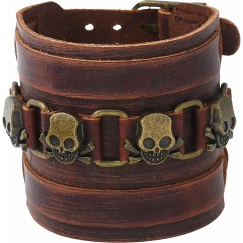 Gothic Punk Vintage Hiphop Skull Wide Leather Cuff Bracelet Black Brown Alloy Pirate Skeleton Charm Bangle Retro Belt Wristbands