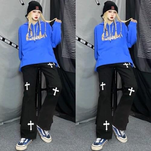 Y2k Fashion Cross Jeans Vintage Black Streetwear Hip Hop Gothic Korean Loose High Waist Denim Slim Straight Female Flare Jeans