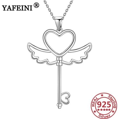 YAFEINI 925 Sterling Silver Angel Key Necklaces Heart Pendant Necklace Silver 925 Jewelry Valentines Day Gift Mothers Day Gift