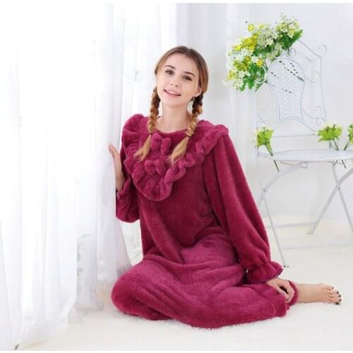 Ladies Autumn Winter Warm Nightdress Coral Pile Long Lovely Korean Not Fade Not Off Velvet Princess Nightgown Flannel Bathrobe