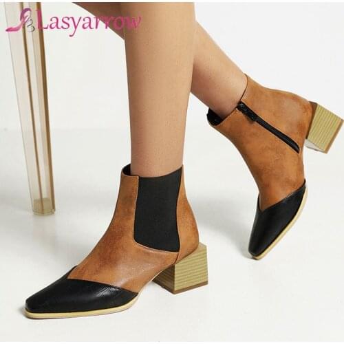Lasyarrow 2021 Autumn Winter Women Boots Chunky Heel Ankle Boots Fashion Lattice Winter Zipper Woman Boots Shoes Big Size 48