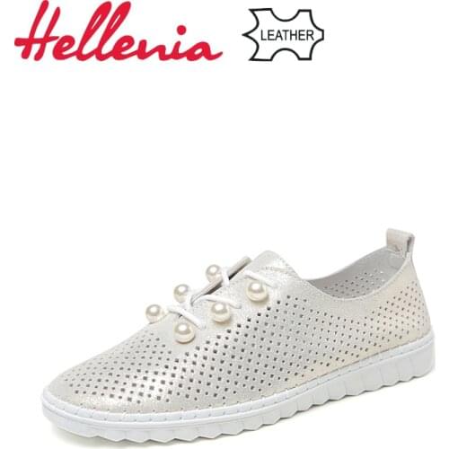 Hellenia shoes woman slip-on spring summer flats lace-up pearl buckle rubber genuine leather round toe casual sneakers shoes