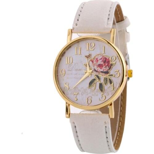 2020 Women Arabic Number Rose Flower Round Dial Faux Leather Band Quartz Wrist Watch Creative Women Watches Femme Gift