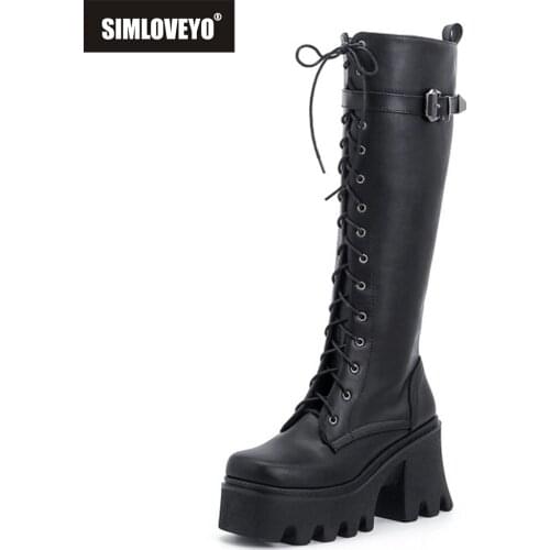 2021 Gothic Women Knee High Boots Lace Up Zip Top Quality Autumn Winter Warm Chunky High Heels Platform Motorcycle US12 S2358