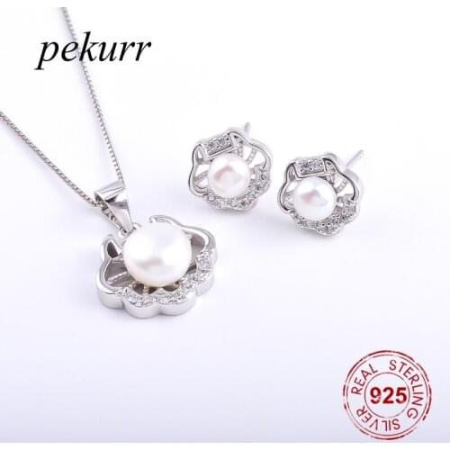 Pekurr 925 Sterling Silver Zirocn Concentric Lock Freshwater Natural Pearl Earrings Necklace Sets For Women Pendants Jewelry