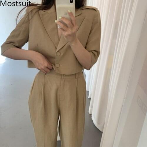 2020 Summer Korean Solid Two Piece Suits Sets Women Single-breasted Tops + Loose Pants Outfits Casual Fashion Blazer Suits
