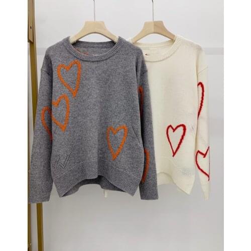 Autumn Winter Womens Sweater Heart Jacquard Front Short Back Long Sleeve O-neck Casual Pull
