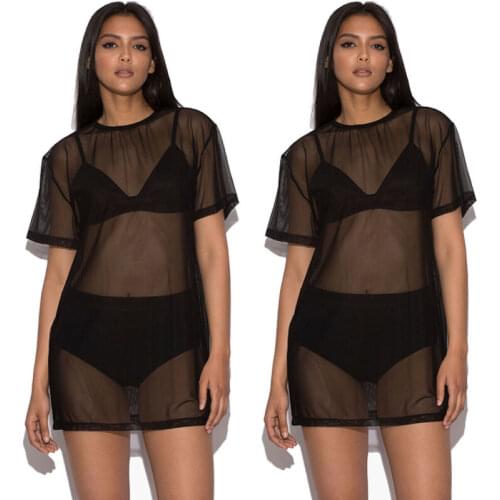 Women Mesh Mini Dress Female Holiday O Collar Party Ladies Casual Dress Black Lace Dress