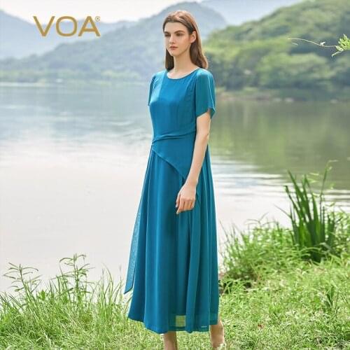 VOA Silk O-Neck Short Sleeve Summer Womens Dress 2021 AE916 Asymmetric Folding Strap Decoration Loose Mature Party Dresses