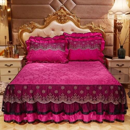 2020 new velvet embossing Bed spread Fitted Sheet Pillowcases 2/3 pcs Solid color Luxury Embroidered lace Princess bedding