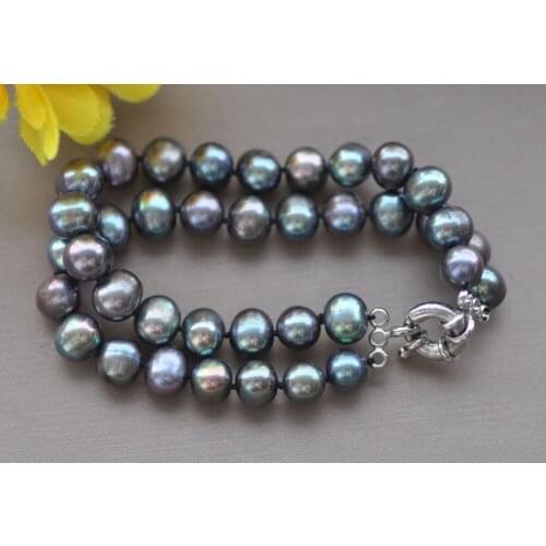 Z11045 2Row 8" 10mm Peacock-Black Round Freshwater Pearl Bracelet