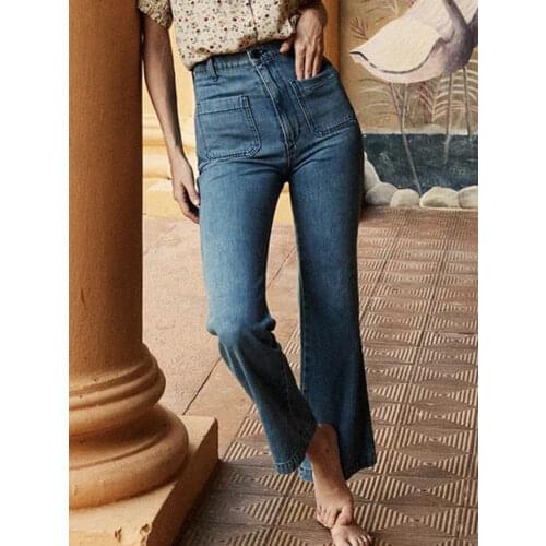 Retro Denim Jeans Women Elegant Zip Pockets Pantalon Long Pants Lady High Waist Flared 2021 Casual Chic jeans femme taille haute