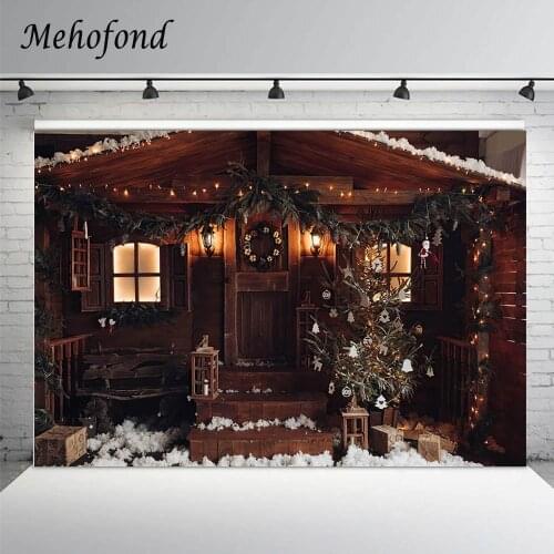Mehofond Winter Christmas Photo Backdrop Retro Wooden House Tree Warm Light Children Portrait Decoration Photography Background
