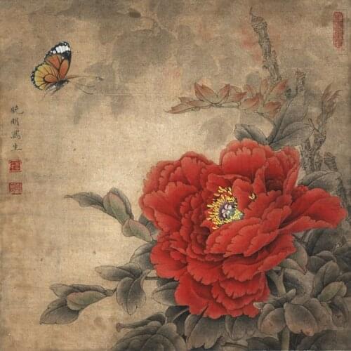 Chinese classical butterfly red peony landscape oil painting canvas printings printed on canvas wall art decoration picture