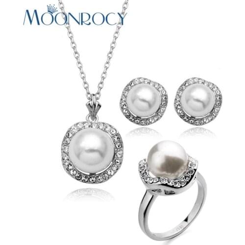 MOONROCY Free Shipping Silver Color Fashion Imitation Pearl Crystal Necklace Earrings and Ring Jewelry Set for Women
