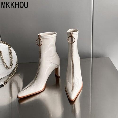 MKKHOU Fashion Short Boots Women New Winter Temperament Pointed Toe Front Zipper Thick Heel 8cm High Heel Mid-Tube Elastic Boots