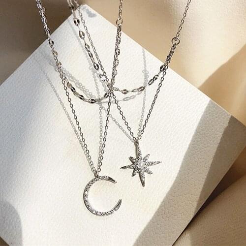 Fashion Double Star Moon Double Necklace Women Clavicle Chain Shiny Fashion Jewely Accessories Simple Jewelry Necklace Gifts