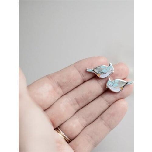 Fashion Bohemia Silver Color Tufted Titmouse Earrings Enamel Stud Earrings for Women Female Wedding Party Jewelry