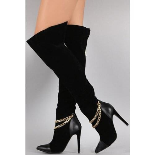 Fashion Double Gold Chains Design Suede Patchwork Boots Women Thigh Boots Thin High Heels Pointed Toe Over The Knee Knight Boots