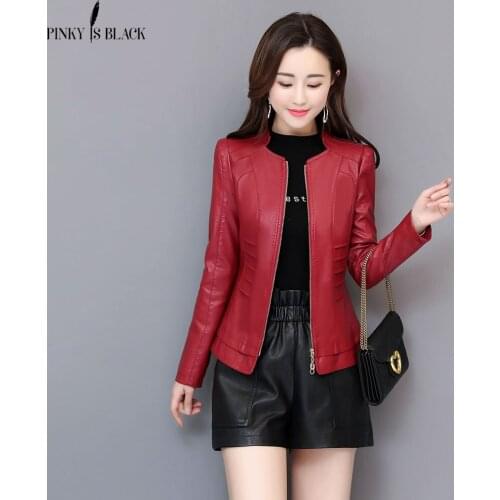 PinkyIsBlack New Arrival 2019 Spring Autumn Motorcycle Leather Jackets Short Leather Jacket Women Leather Coat Slim PU Jacket