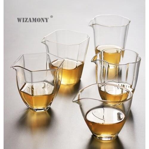WIZAMONY transparent hexagonal glass fair mug transparent heat-resistant points tea ware flower mark Gong Cup Kung Fu Tea Sea