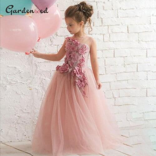 Aline Puffy Pink Flower Girl Dress Girl Tulle Layers FlowerEmboridery Communion Dress Backless Little Bride Dresses Ball Gown