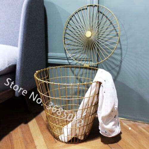 Modern Design Golden Laundry Basket Metal Dirty Clothes Storage Basket Home Organizer Basket Creative Storage Wicker Basket