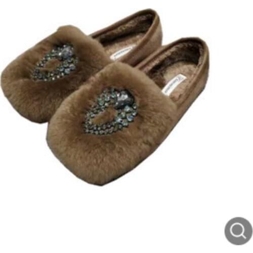 Women Winter Flats Luxury Rhinestones Faux Rabbit Hair Shoes Round Toe Plus Size 42 Breathable Slip-ons Khaki Black Casual Grey