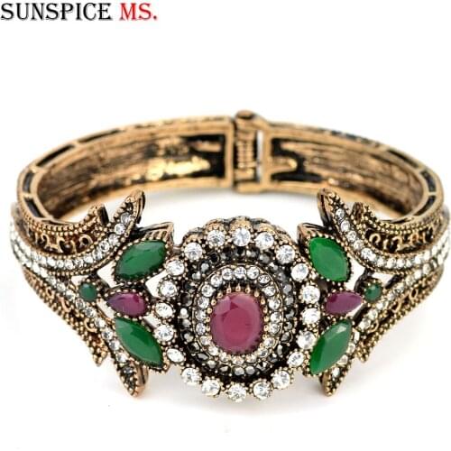 Sunspicems Vintage Turkish Bangle Cuff Bracelet for Women Resin Rhinestone Party Jewelry Retro Gold Color Bridal Jewelry 2020