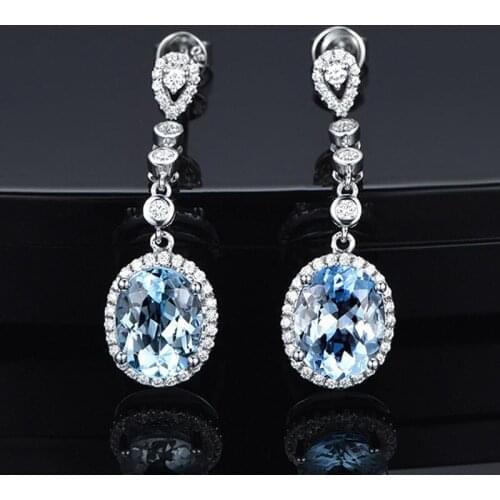 925 Sterling Silver Fashion Temperament Oval Crystal Stone Sea Blue Simulation Topaz Long Drop Earrings For Women Jewelry