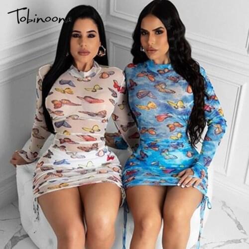 Tobinoone Flower print transparent short dress women Sexy long sleeve pleated dress female Party club high neck mesh mini dress