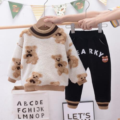 Winter Boys Baby Girls Thicken Cartoon bear Clothing Kids plus cotton t-shirt Pants 2Pcs/Sets Children warm Casual Tracksuits